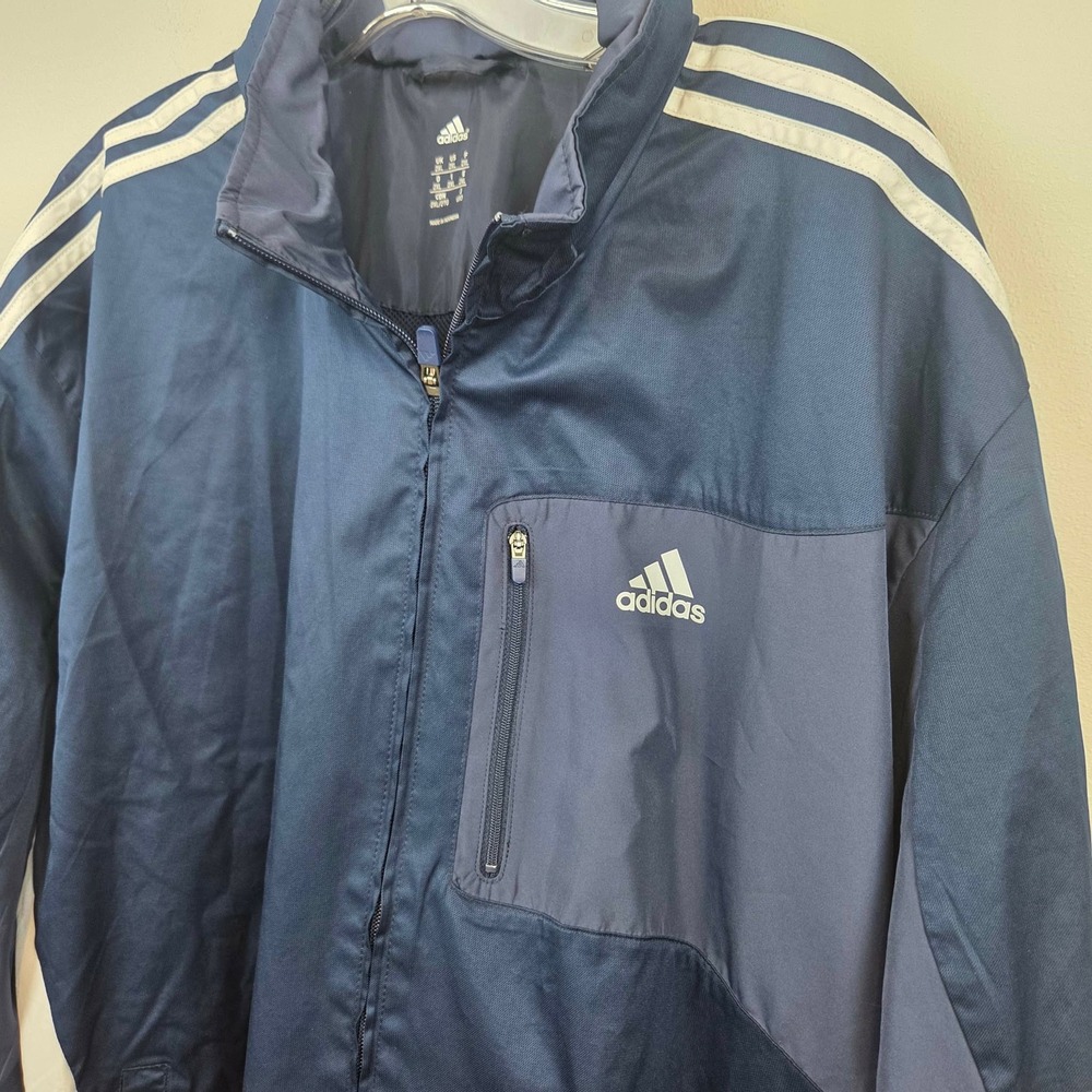 Adidas Mens Navy Blue Full Zip Track Jacket Windbreaker Hooded 3-Stripe Size 2XL - Picture 3 of 16